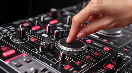 Dj adjusting pitch control knob studio setting close-up image nightclub environment detailed view sound mixing technique