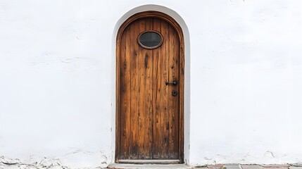 A tall, wooden door with a small, round window at the top, against a white wall.