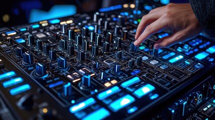 Obraz premium Dj adjusting glowing eq slider close-up nightclub setting digital music equipment high-tech environment focused viewpoint music production concept for enhanced engagement