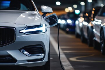 A white electric car is currently being charged at a nearby charging station