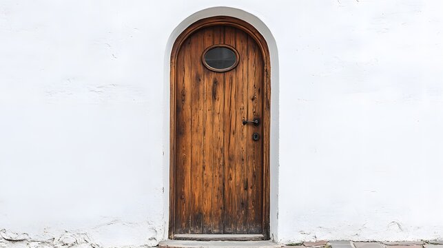 A tall, wooden door with a small, round window at the top, against a white wall.