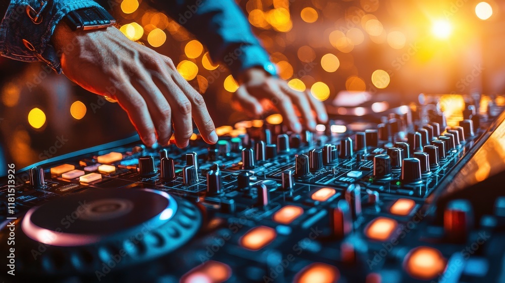 Poster dj mixing tracks in a vibrant led environment closeup of hands at a music event