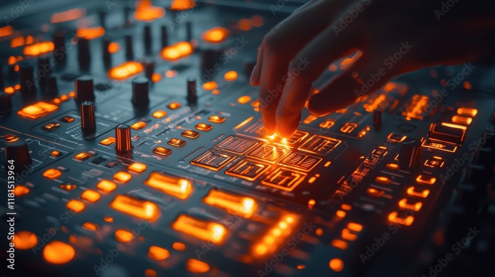 Poster Dynamic dj performance closeup of a hand pressing the glowing loop button on a mixer nightclub setting music production electronic environment focused viewpoint