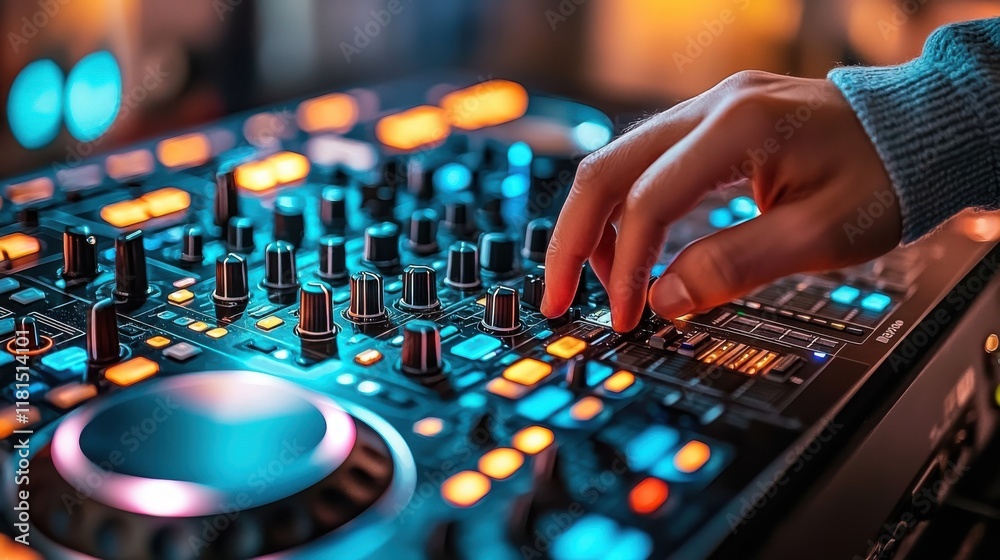 Poster Dj's hand pressing loop button on gl standard mixer nightclub setting close-up shot energetic atmosphere captivating concept