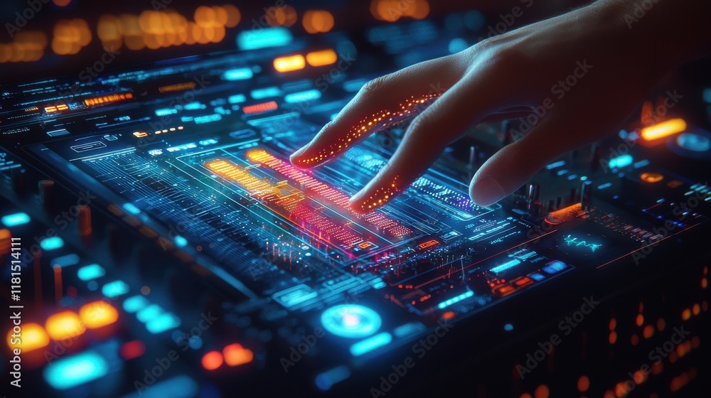 Poster Dynamic action of a dj's hand pressing play on a futuristic deck in a neon-lit studio environment closeup perspective for enhanced visual impact