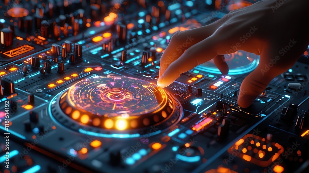 Poster dynamic dj performance closeup of a hand pressing play on a futuristic mixer in a vibrant nightclub 