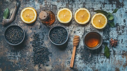 Aromatic Black Tea with Lemon and Honey: A Relaxing Beverage Still Life Photography.
