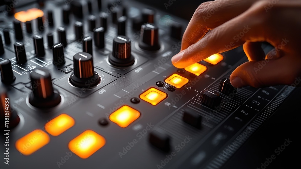 Aufkleber dj hand pressing glowing loop button at a nightclub closeup shot electronic music environment dynami