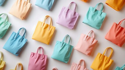Naklejka premium Collection of branded tote bags in pastel colors isolated on a seamless white background perfect for ecofriendly campaign visuals
