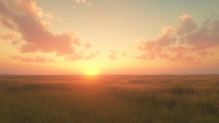 Fototapeta premium 夕暮れに染まる草原と漂うオレンジ色の雲