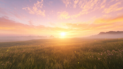 夕焼けと霧が織りなす草原の風景