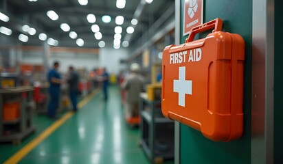 Orange first aid kit mounted on wall in busy factory floor