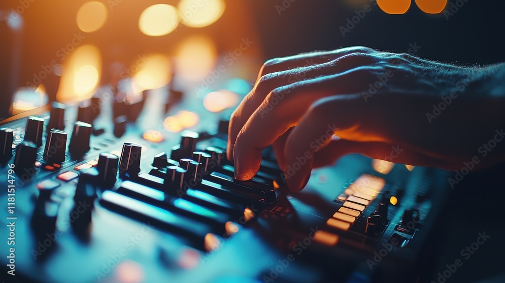 Aufkleber dynamic dj performance closeup of a hand tapping a sampler pad in a vibrant nightclub environment