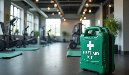 Green first aid kit in modern gym with exercise equipment