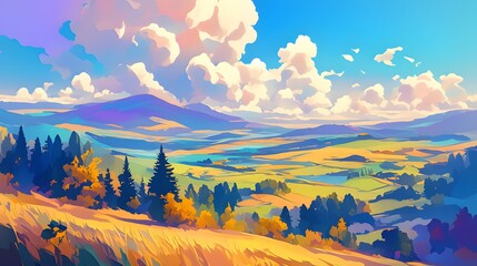 Vibrant landscape of hills and clouds painted in a flat cartoon style, creating a serene view