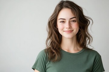 Obraz premium A woman clad in a vibrant green shirt is smiling happily for the camera