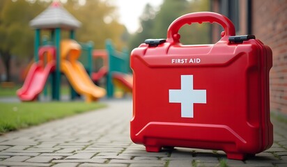 Red first aid kit near playground with colorful slides