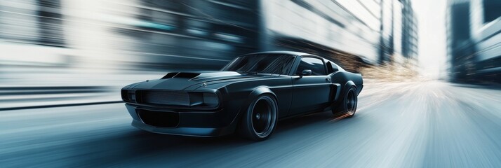 Classic black muscle car in motion on a city street