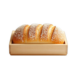 Freshly baked bread loaf in a wooden tray, isolated on transparent background