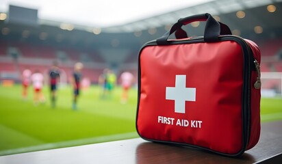 Red first aid kit on table at soccer stadium