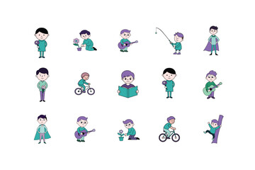 15 bundle templet of Boy Cartoon Character Icon Set Various Activities, Vector Illustration, Line Art, Silhouettes, and Clipart