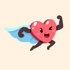 Vector cartoon healthy heart character with superhero cape for design.