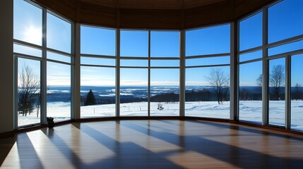 Fototapeta premium A large, panoramic window offering a view of a clear white sky.