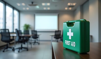 Green first aid kit in corporate meeting room