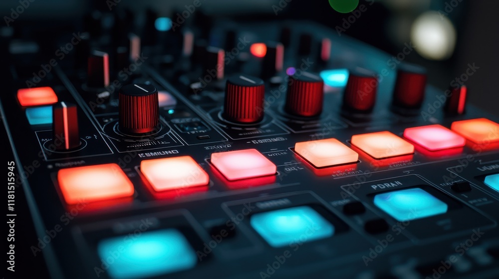 Poster Dynamic movement of crossfader with radiant indicators in a sound studio close-up perspective electronic music environment