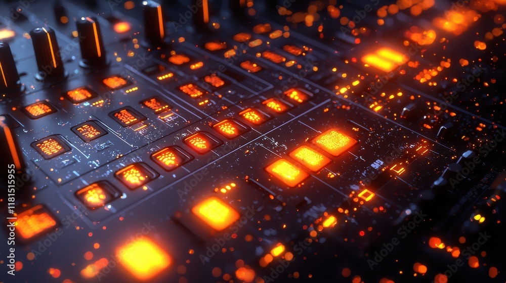 Poster dynamic movement of a crossfader with illuminated controls music studio close-up shot neon atmospher