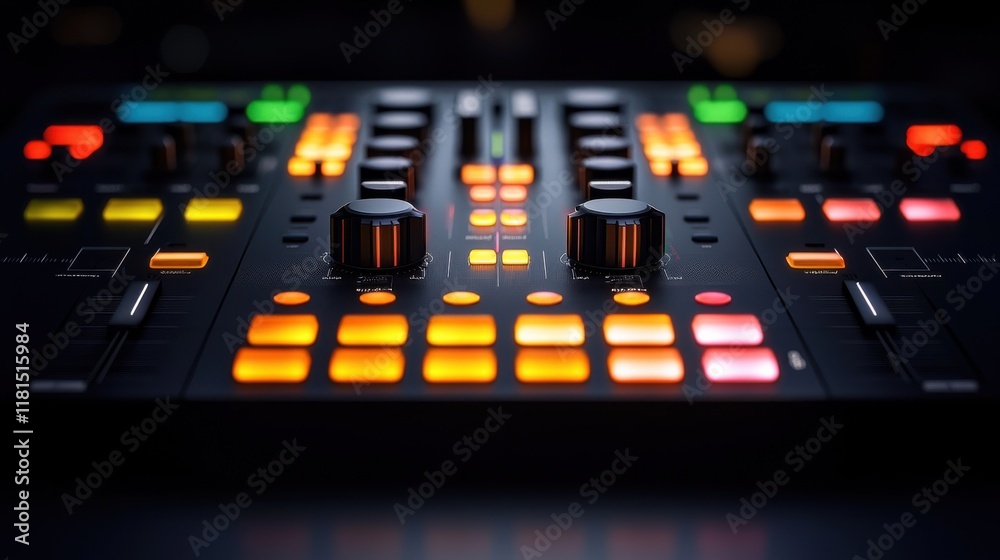 Poster dynamic dj controller showcase nightclub setting close-up focus vibrant led environment top-down per