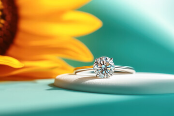 Engagement, surprise valentine proposal, wedding background luxury diamond ring jewelry gift showcase with sunflower in yellow, pale blue backdrop, copy space, natural light.