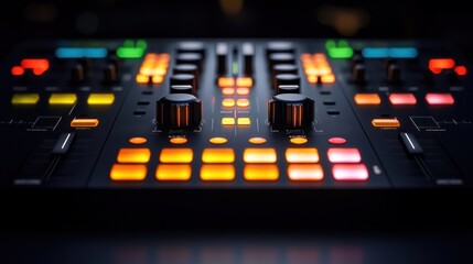 Dynamic dj controller showcase nightclub setting close-up focus vibrant led environment top-down perspective electrifying music experience