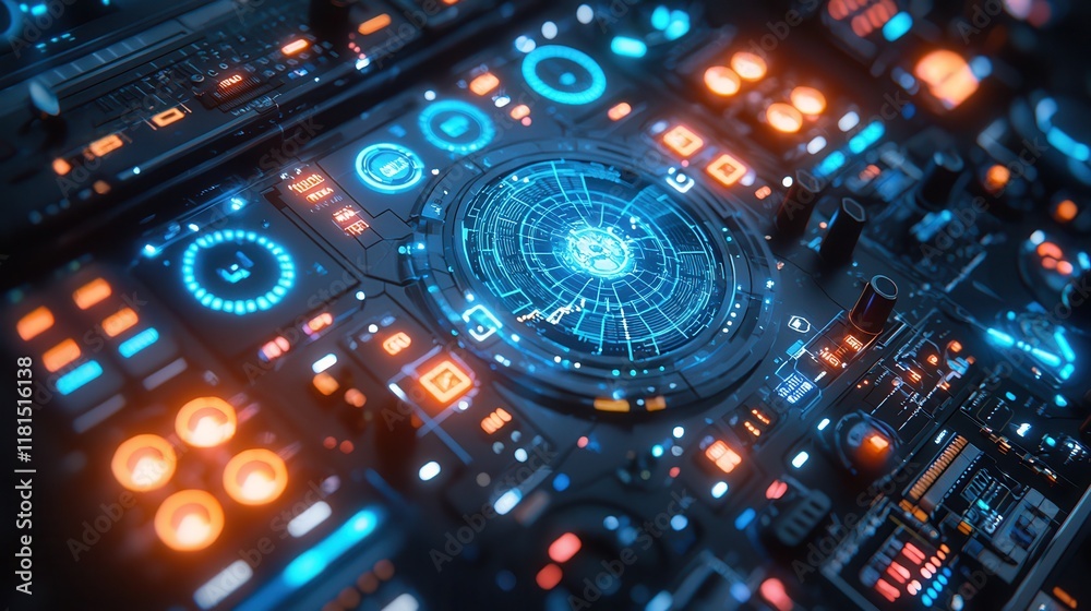 Aufkleber futuristic dj console interaction virtual club space digital media capture neon-lit environment clos