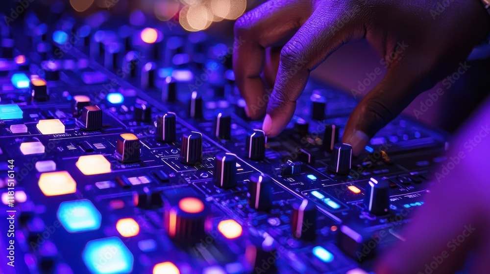 Poster dj adjusts eq sliders at music event close-up of sound control nightclub atmosphere dynamic viewpoin