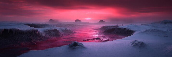 Enchanting red sunset over snow-covered landscape with icy river