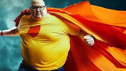 An overweight middle-aged man wearing a superhero costume running confidently with a red cape flowing.