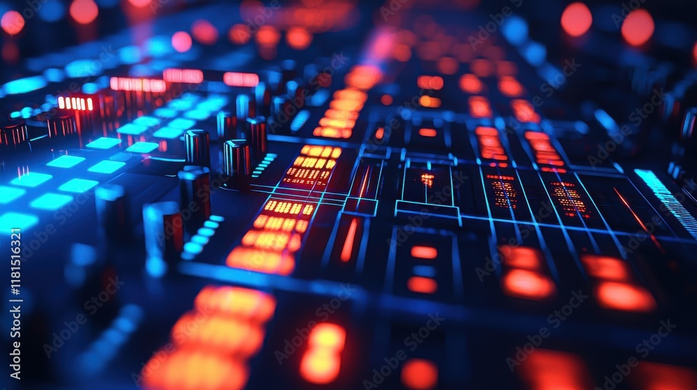Aufkleber Dynamic display of a pulsating bpm counter on a futuristic soundboard digital studio close-up shot neon-infused environment high-tech perspective