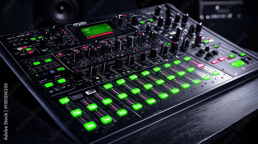 Poster captivating close-up of glowing mixer controls studio setting photography night environment eye-leve