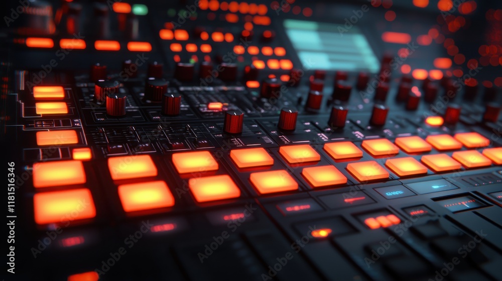 Poster Illuminated mixing console recording studio detailed close-up modern environment low angle view glowing knobs and sliders for audio production
