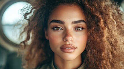 A woman with brown hair and a tan shirt. She has a tan face and is smiling. The woman has a lot of hair and it is styled in a way that makes her look very pretty