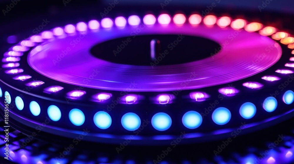 Poster dynamic rotation of a turntable platter reflecting colorful lights studio setup close-up shot artist