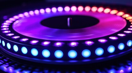Obraz premium Dynamic rotation of a turntable platter reflecting colorful lights studio setup close-up shot artistic environment top-down viewpoint focus on spinning vinyl