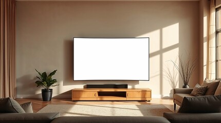TV screen mockup on a stand in living room interior