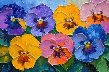 Watercolour painting of blue and white pansies on a green background
