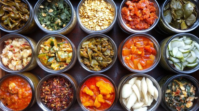 Assorted Delicious Preserved Dishes in Jars