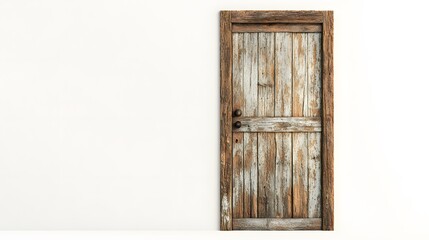 Obraz premium A rustic door with a distressed wooden texture, sitting against a clean white background.