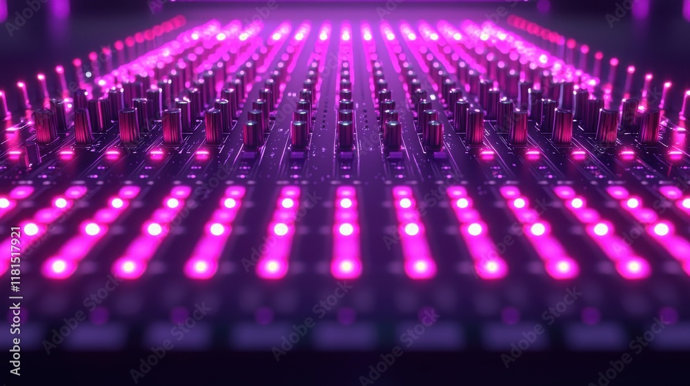 Poster illuminated mixer controls futuristic studio digital equipment high-tech environment close-up view f