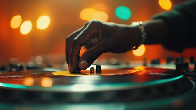 Dynamic dj performance nightclub stage vinyl record scratching intimate environment close-up view focused view of a dj's hand in action