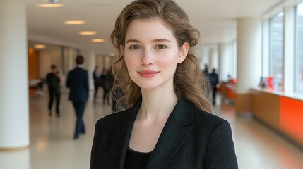 Fototapeta premium A woman in a black jacket stands in a hallway with other people. She is smiling and looking at the camera